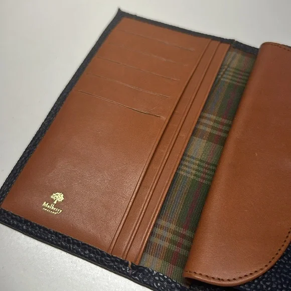 Mulberry Wallet Long Bifold Caviar Leather Navvy Blue Tan Leather Trim Vintage - Picture 7 of 11